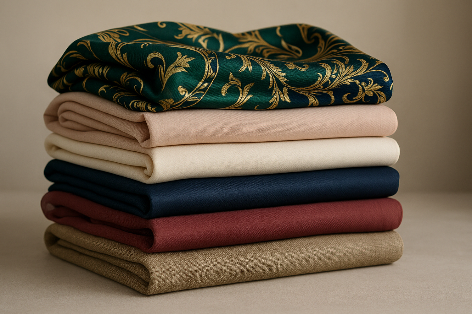 scarfs or hijabs folded on top of each other of different materials 